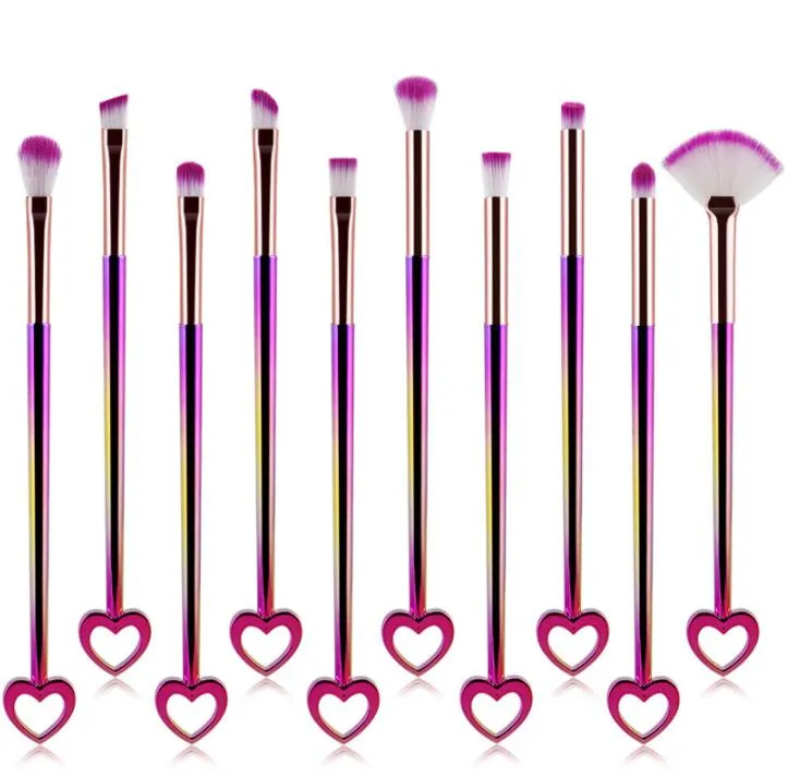 Heart Shape Makeup Brushes Gradient Color Makeup Brushes Sets 10pcs/set Bling Bling Face Eye Shadow Foundation Cosmetic Brush GGA1807