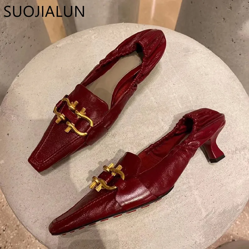 Suojialun vrouw pomp mode merk gesp slip op loafers 5 cm med hiel punt teen partij sandalen kantoor dame jurk pomp schoenen