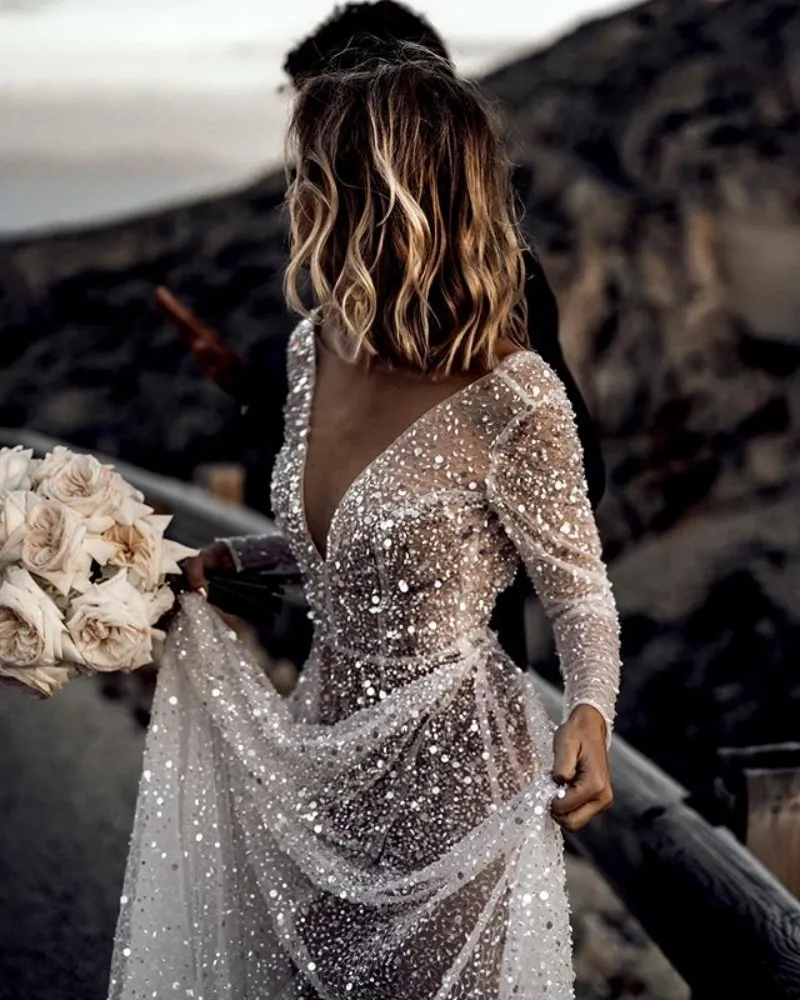 long sleeve sequin wedding dress Sequin V-Neck Long Sleeves Boho Garden Wedding Dress Sweep Train