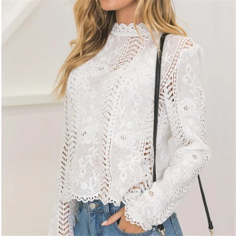 hirigin women Back white Lace hollow long sleeve blouse turtleneck Top Summer Blouses for Women Hot Cap Elegant Blouse female