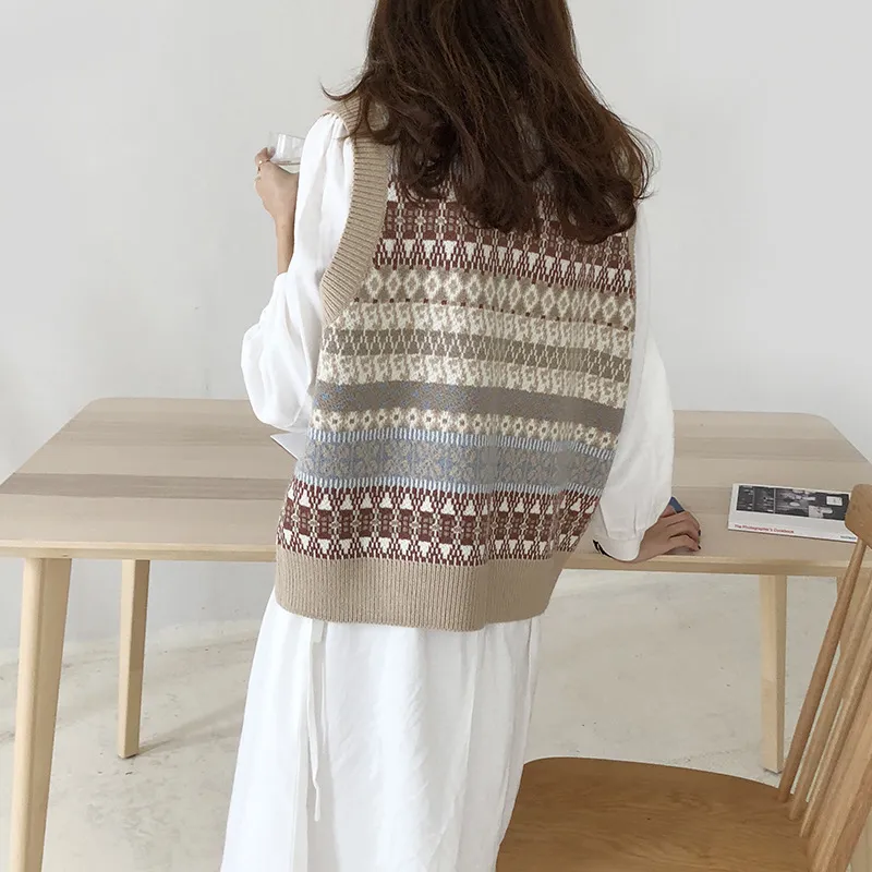 Geometric Oversized Knitted Vest For Women Loose Fit Sleeveless V 