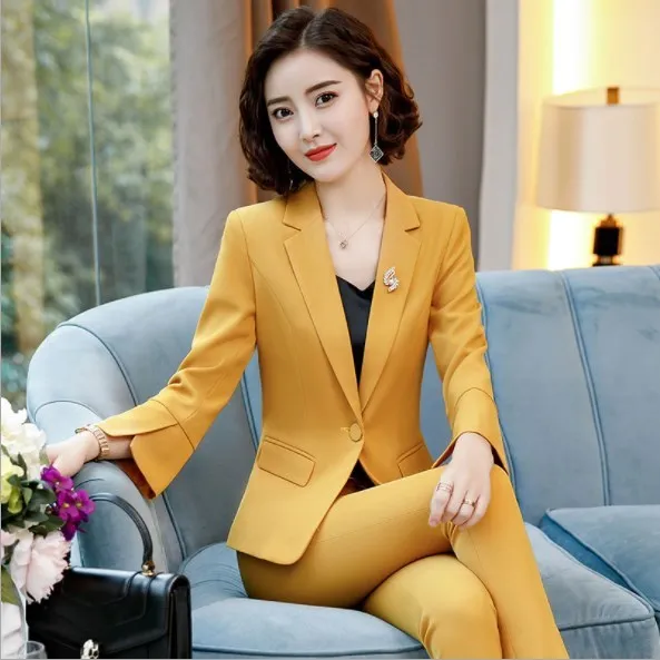 Womens Yellow Slim Fit Business Suit Office Work Pant Suits Long Sleeve Blazer Trousers 2024 From Jiuwocute 71.07 DHgate.Com