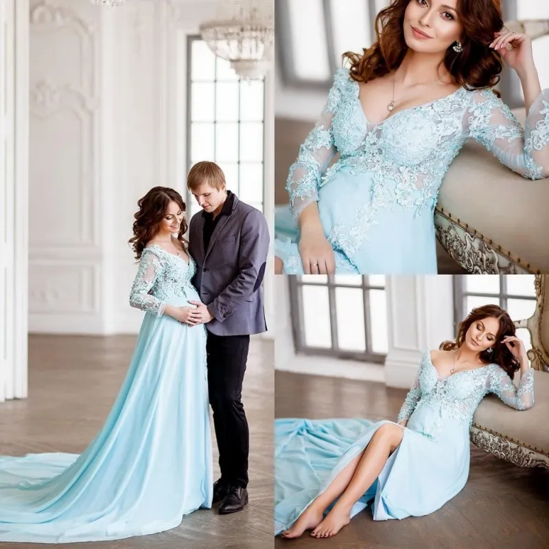Elegant A-Line Maternity Prom Dress Long Sleeve Evening Gown