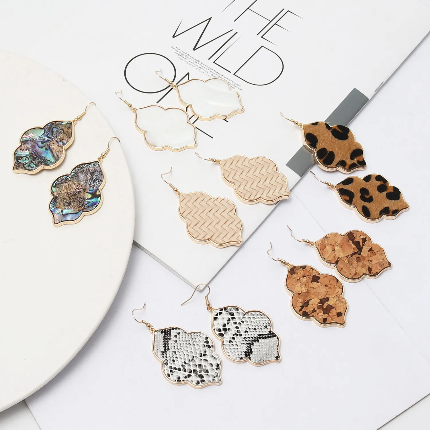 Moda Colore oro Geometria Fiore stampa leopardo Orecchini Druzy Abalone Shell Nappa Orecchini Druzy pendenti per gioielli da donna di marca