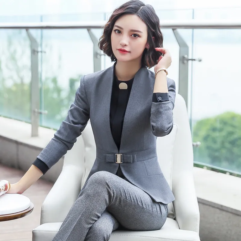 IZICFLY autumn spring new 2 pcs Trouser and jacket gray suit women Work Wear Elegant Business ladies office pant blazer set