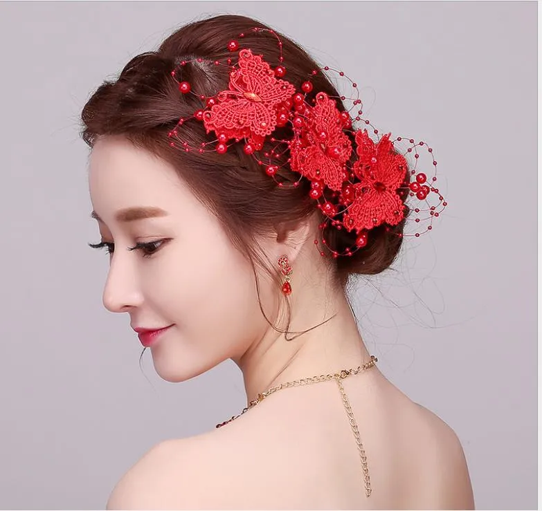 ブライダルティアラレッド韓国風ハンドメイドフラワーヘッドヘアアクセサリー韓国の結婚式のヘアアクセサリーバタフライヘアクリップ