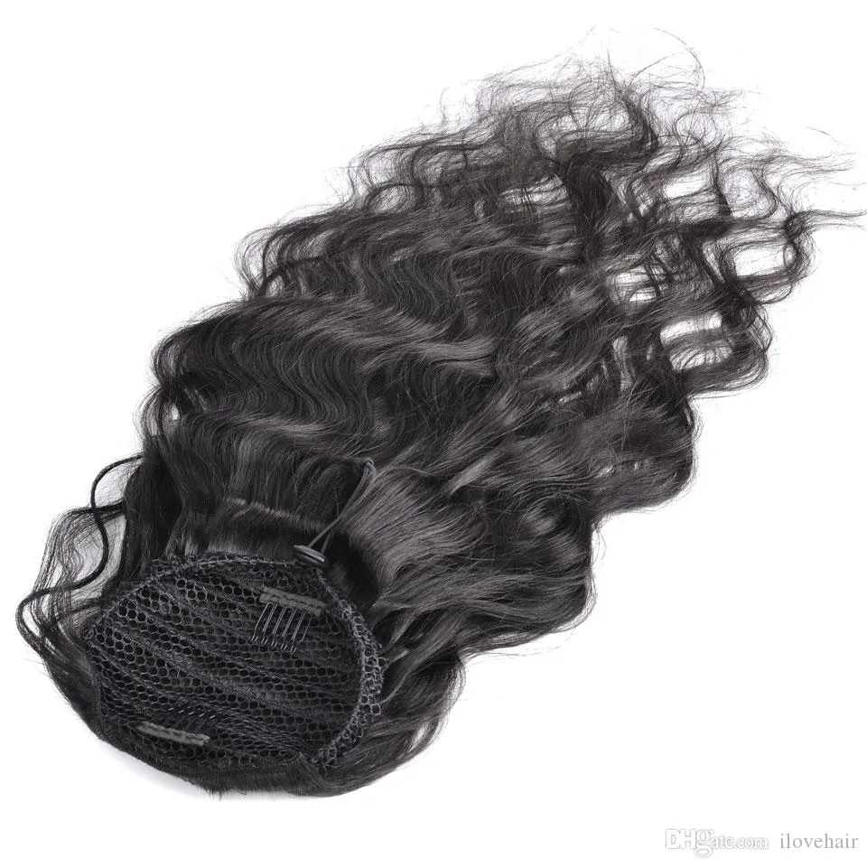 Coda di cavallo liscia capelli brasiliani dell'onda del corpo con estremità completa colore nero naturale per donna 120g coda di cavallo capelli umani Remy estensioni dei capelli clip-in