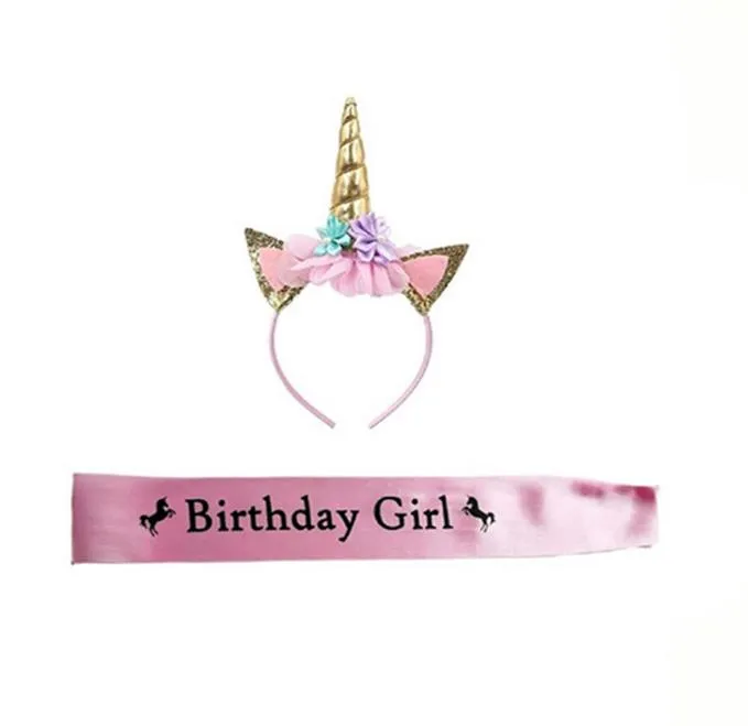 유니콘 생일 소녀 세트 반짝이 골드 반짝이 유니콘 머리띠 및 생일 소녀 새시 완벽 한 유니콘 테마 생일 파티 호의 핑크