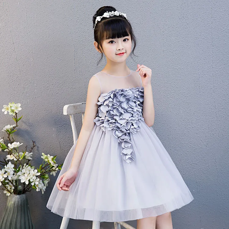 Sweet Silver Beige Applique Knee Girl's Pageant Dresses Flower Girl Dresses Princess Party Dresses Child Skirt Custom Made 2-14 H312181
