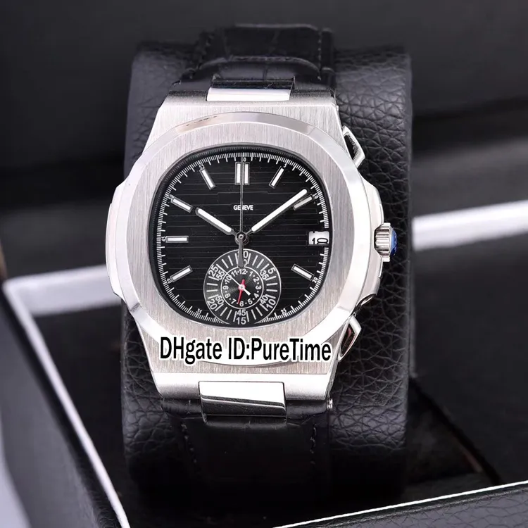 New Classic 5980 Steel Case Black Texture Dial Miyota Quartz Chronograph Mens Watch Black Leather Watches 8 Colors Stopwatch Puretime B303a1