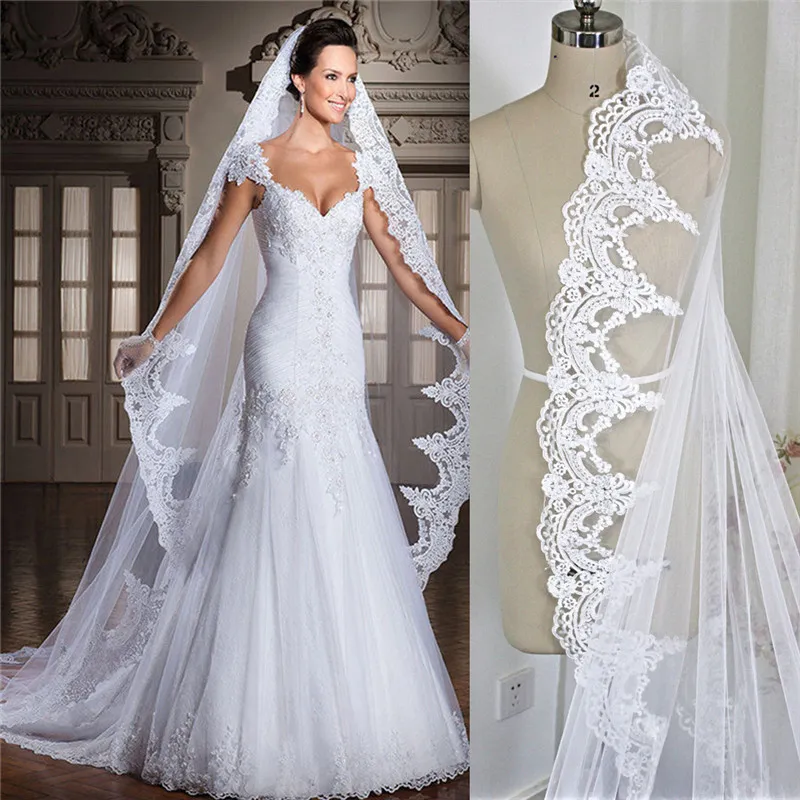 Velo da sposa lungo vintage Accessori da sposa Veli velos de novia Bianco / Avorio Lunghezza cattedrale 3M Bordo in pizzo Velo da sposa con pettine economico