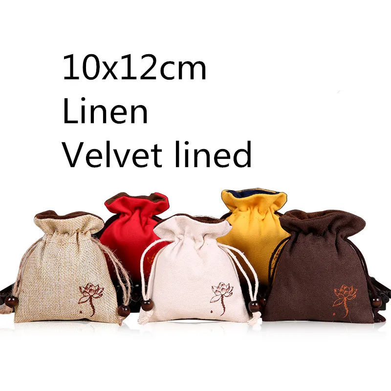 Lotus Small Cloth Bag för reseförvaring Drawstry Bag Linne Velvet Smycken Watch Pouch Handgjorda Tjock Förpackning Väska 2st / Lot