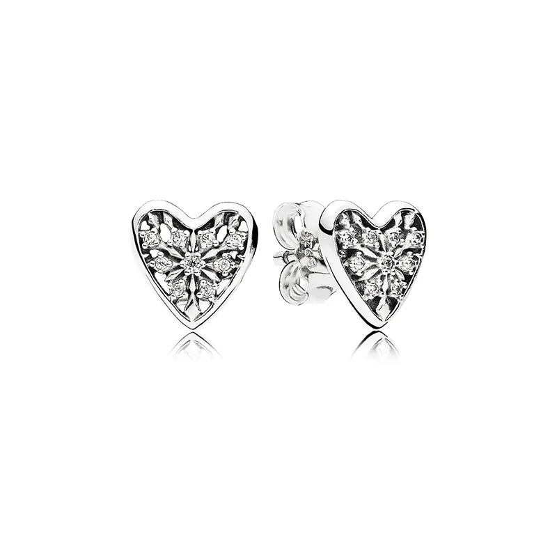 Романтическая форма сердца Снежинки серьга Роскошные 925 Sterling Silver Подходит для Pandora CZ Алмазного Lady Элегантных серег с коробкой