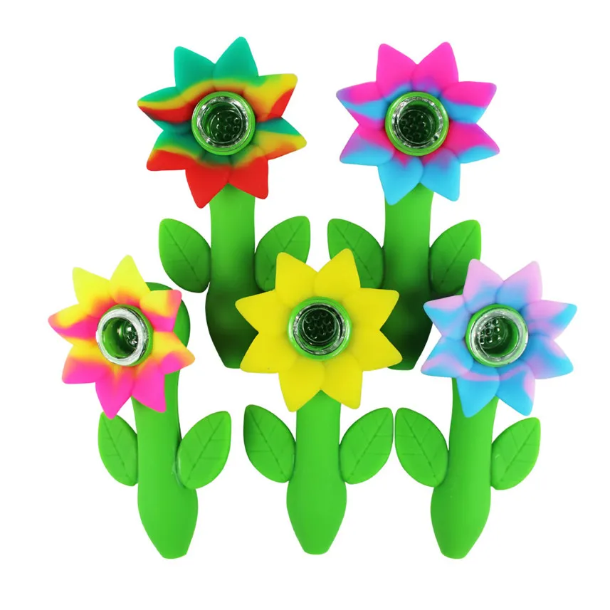 4.6 "Cuchara de silicona Tubos de mano Grado alimenticio Único Cool Girly Girasol Viaje Unbreakbale Hierbas secas Pipas para fumar tabaco con tazón de vidrio