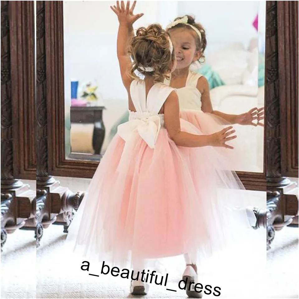 Cute Flower Girl Sukienki Księżniczka Ivory Biały Lekki Różowy Buffy Tulle Formalne Suknie Dla Wesela Długość Koszulki Dziewczyny Noszą FG1254