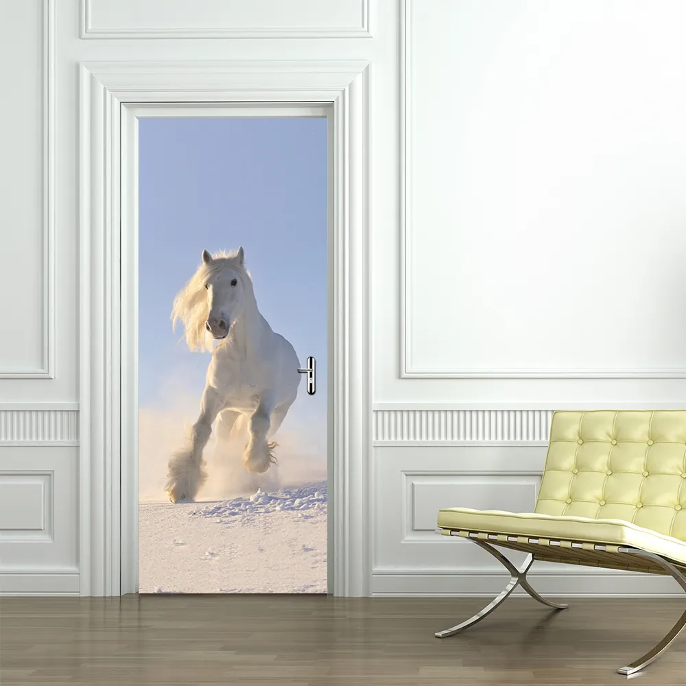 White Running Horse Self-Adhesive Wall Sticker 3D Door Decals for Kid's Room