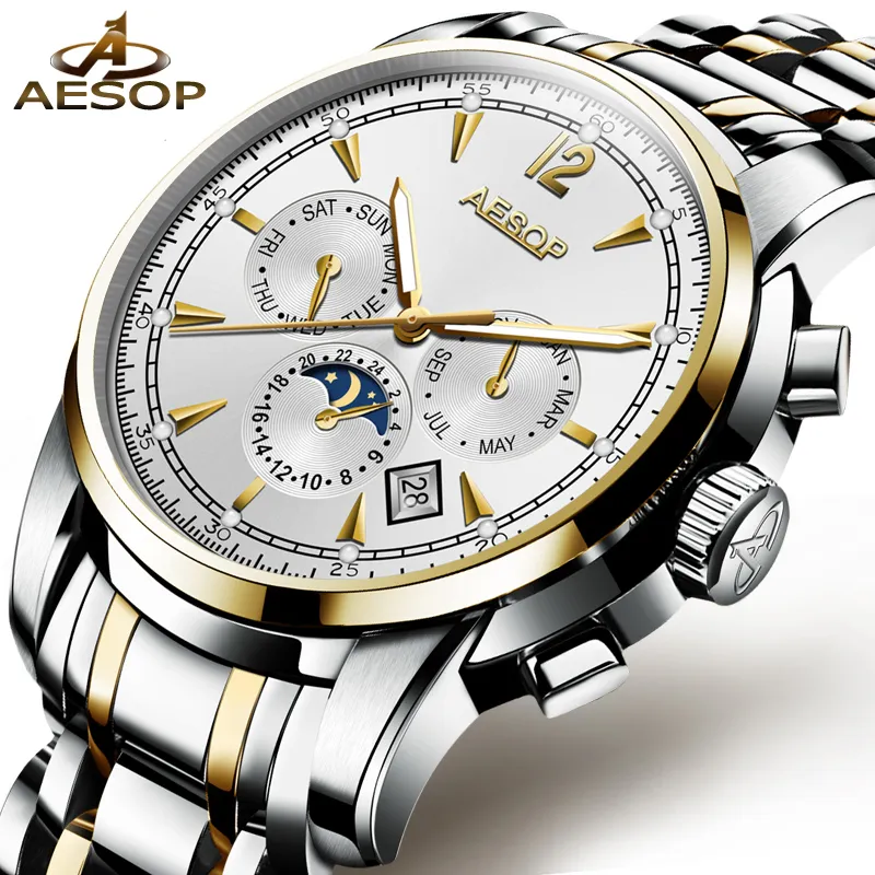 Aesop Man Automatic Mechanical Watch Мужчины роскошные золотые синие мужские наручные часы водонепроницаемые мужские часы мужчины