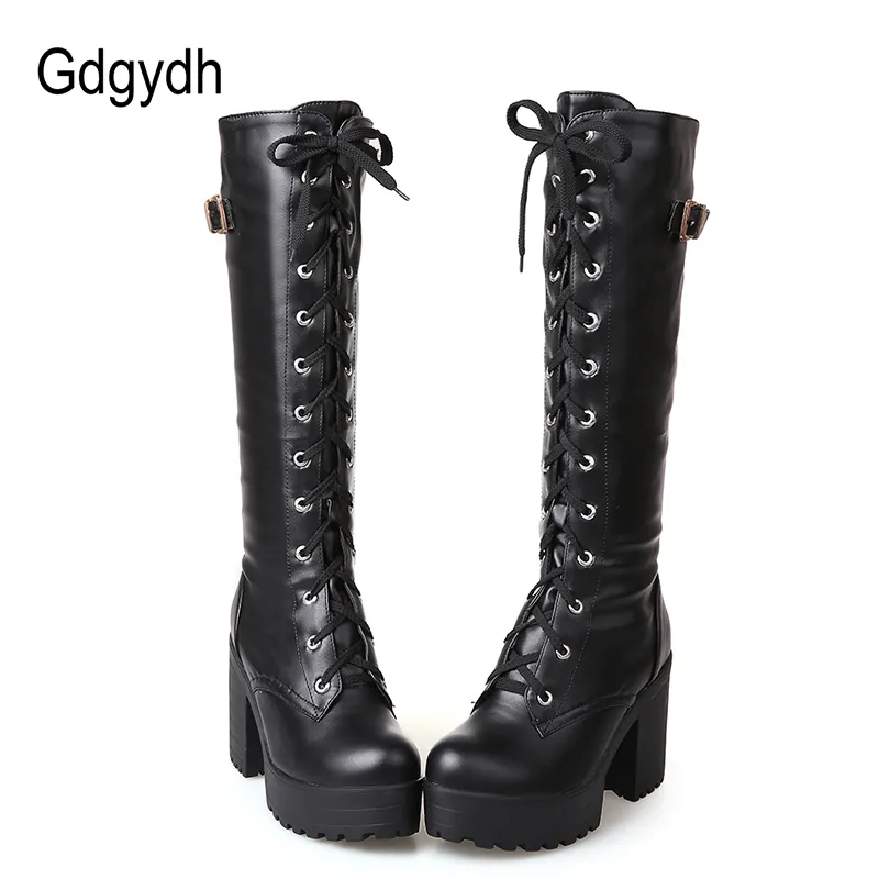 Gdgydh quente venda primavera outono lacing joelho botas altas moda fashion branco salto quadrado mulher sapatos de couro inverno pu grande tamanho 43