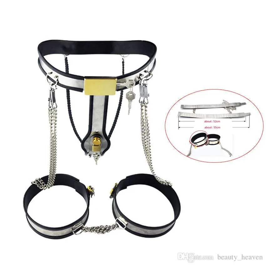 Model-Y Stainless Steel Female Underwear Chastity Belt Devices with Chain Legcuffs Adult Sex Toys Virginity Pants For Women