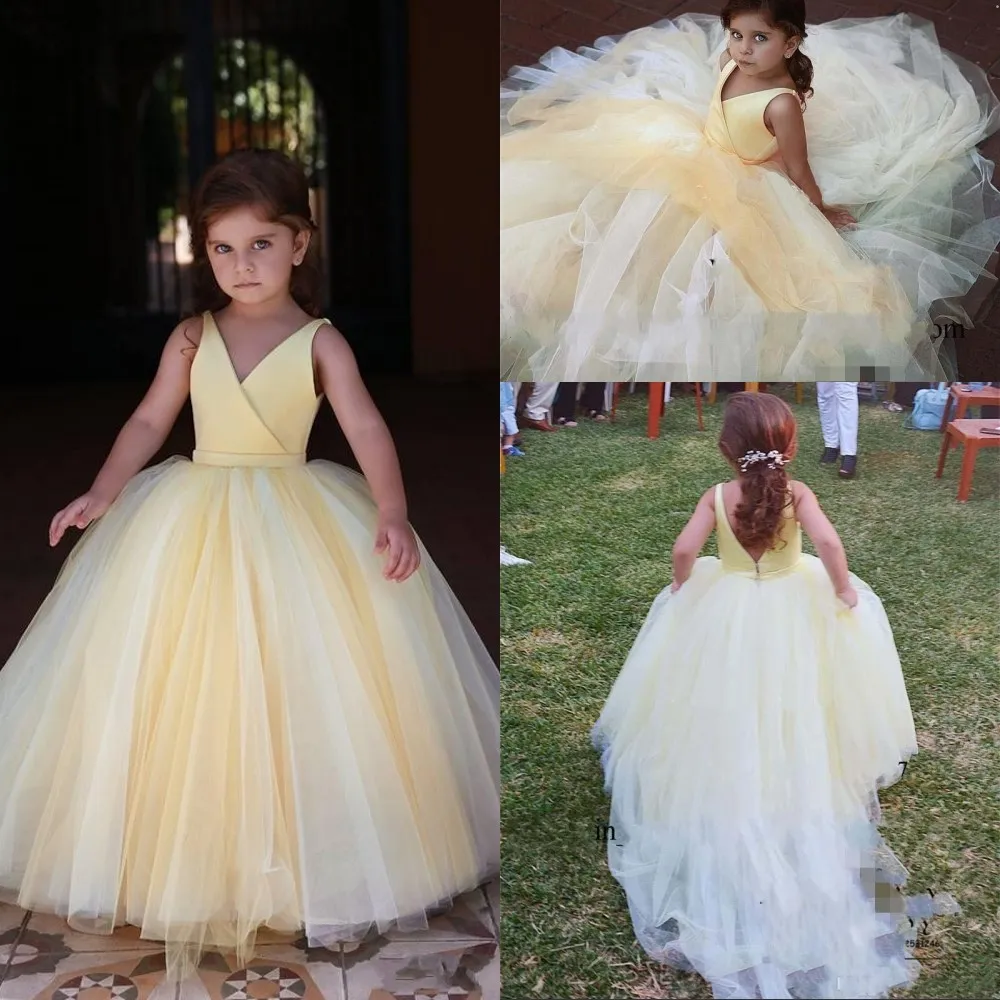 Nowe Tanie Light Yellow Princess Flower Girl Girls Sukienki V Neck Satin Tulle Bez Rękawów Otwórz Powrót Długa Urodziny Komunion Dziewczyny Suknie Pagewne