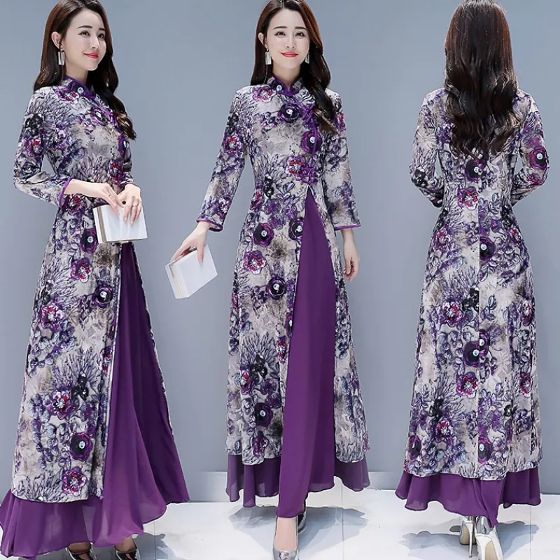 Vietnamita Viola Vietnam Ao Dai Abito Abbigliamento Etnico