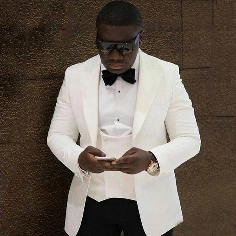 Custom Made White Mens Wedding Suits Slim Fit Groom Tuxedos Peaked