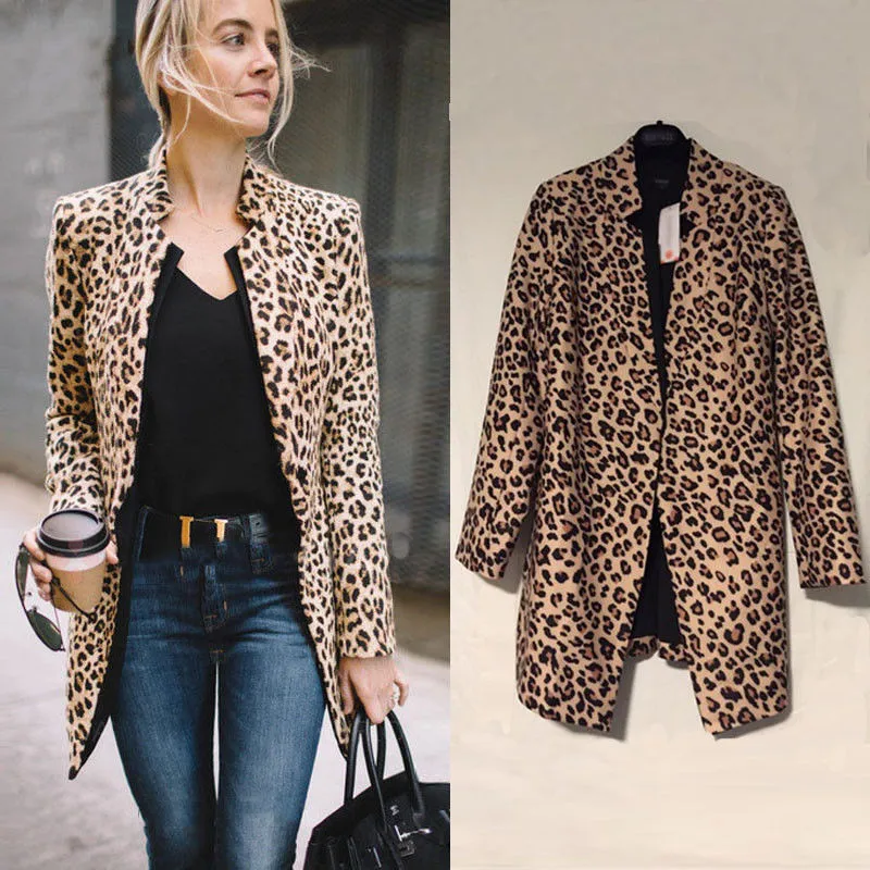 Kvinnor leopard sexig vinter varm jacka ny vind kappa cardigan leopard print lång kappa chaqueta mujer sh190920