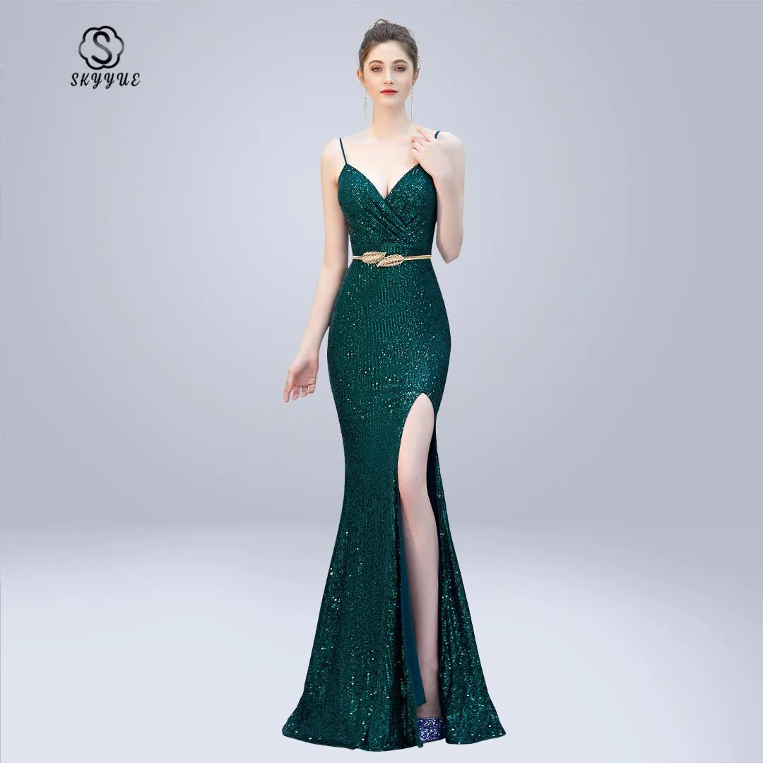 Skyyue Robe de soirée Sexy fronde sans manches Robe fendue femmes robes de soirée 2019 col en v Sequin formelle robes de soirée C278