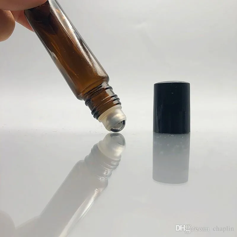 Tjock 1 / 3oz Essential Oil Roller Flaskor 10 ml Amber Glass Roller Flaskor med rostfria rullebollar