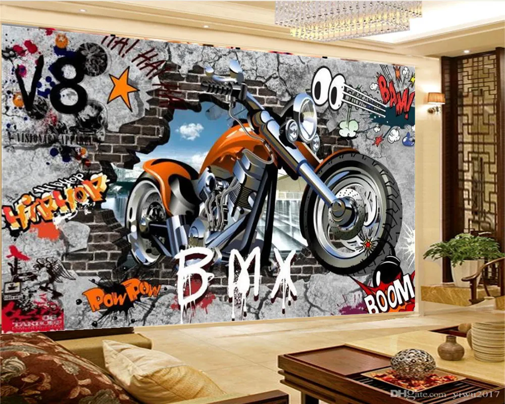 3Dホーム壁紙クールレトロなオートバイ屋内テレビの背景壁の装飾壁画壁紙