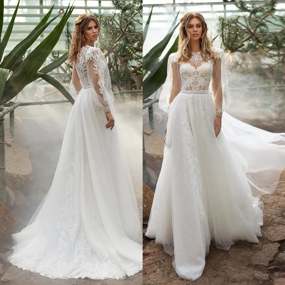 Elegantes mangas compridas vestidos de casamento Lace Jewel Sheer Neck Appliqued vestidos de noiva A Linha de Trem da varredura Tulle robe de mariée