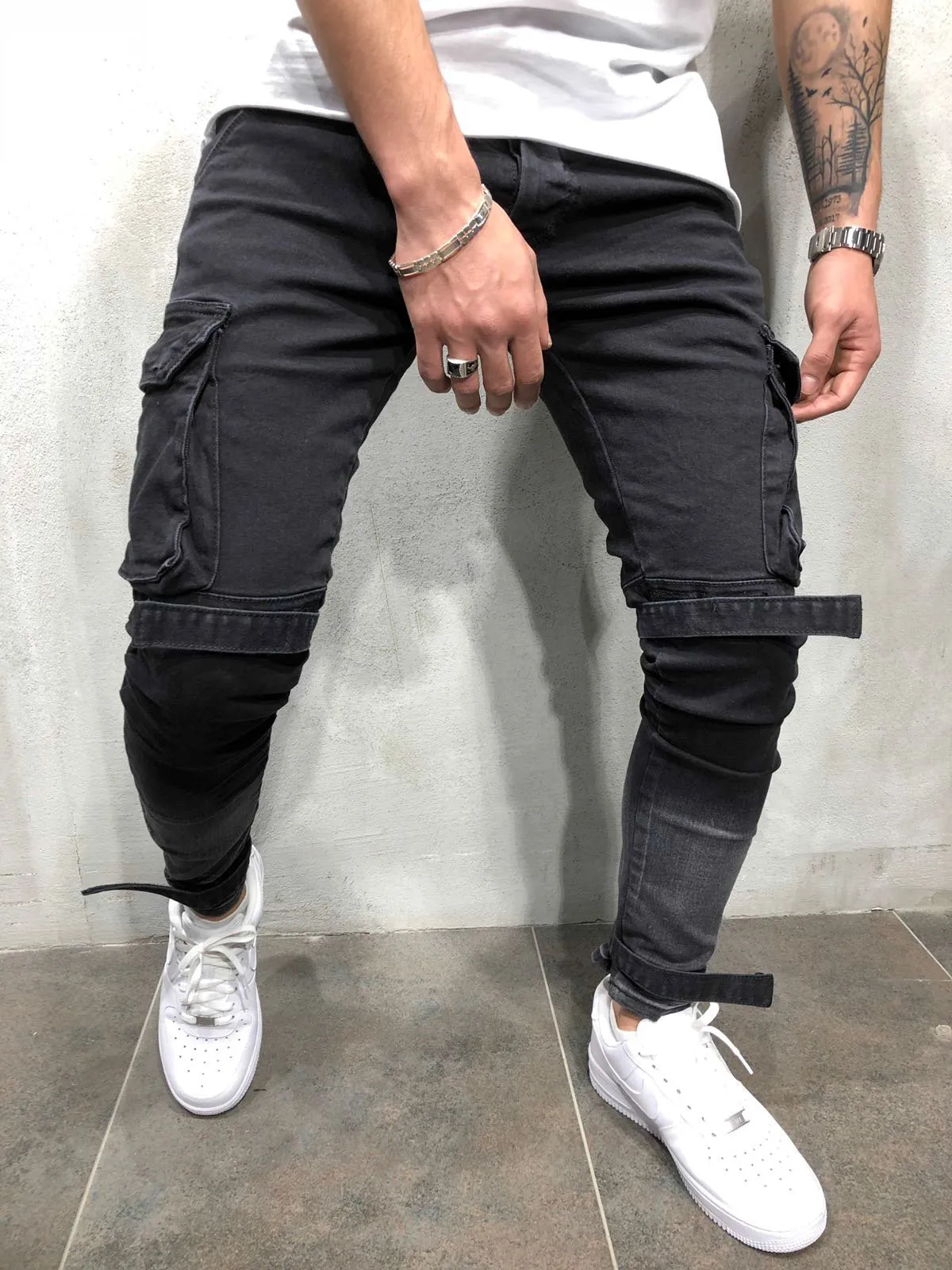 Mens Black Denim Slim Fit Jeans Male Skinny Pencil Pants Casual Cargo Pants Trousers with Pockets Straps Free Shipping