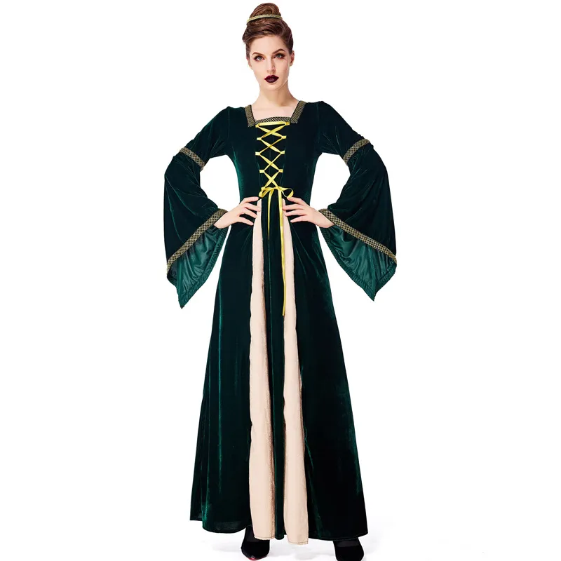 Abito religioso medievale europeo retrò Abito da corte aristocratico verde scuro Costume da spettacolo teatrale per donne adulte di Halloween