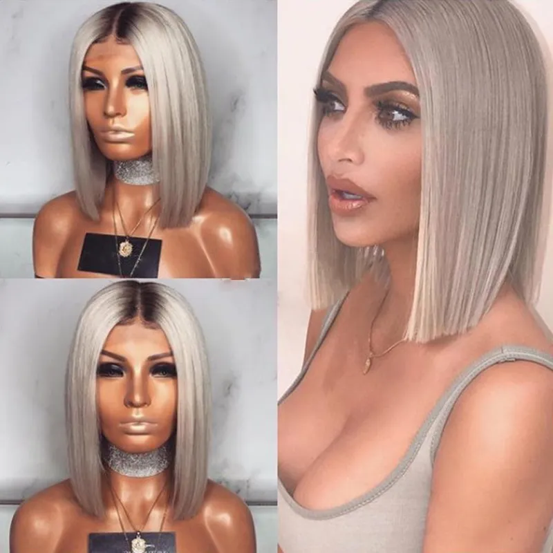 Hotselling silk base Short Bob Wig Ombre Wig with dark roots grey Straight Synthetic lace front Wigs for Women Heat Resistant