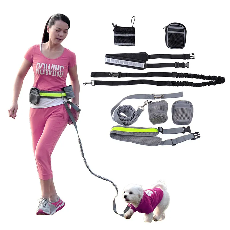 Nieuwe Elastische Riem Running Reflecterende Dog Leash Lead Sports Jogging Walking Pet Collar Touw Hand Gratis Taille Dog Leash Set