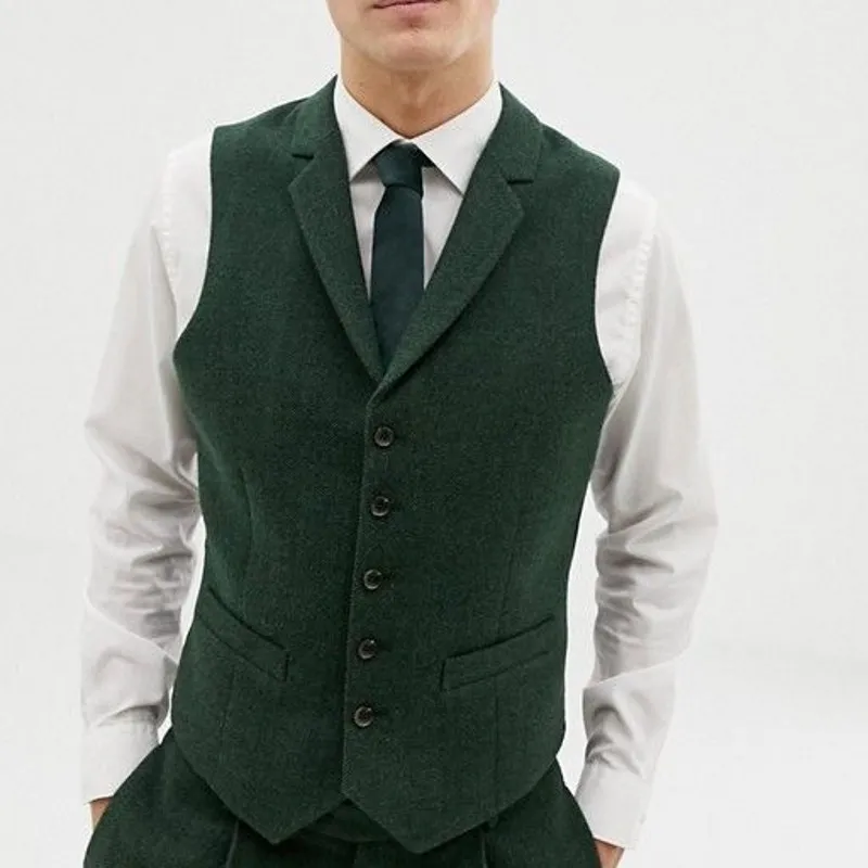 Billiga Country Groom Västar Green Wool Notch Collar Västar Skräddarsydd Brudgum Vest Slim Fit Mens Suit Vest Groomsman Prom Bröllop Waistcoat