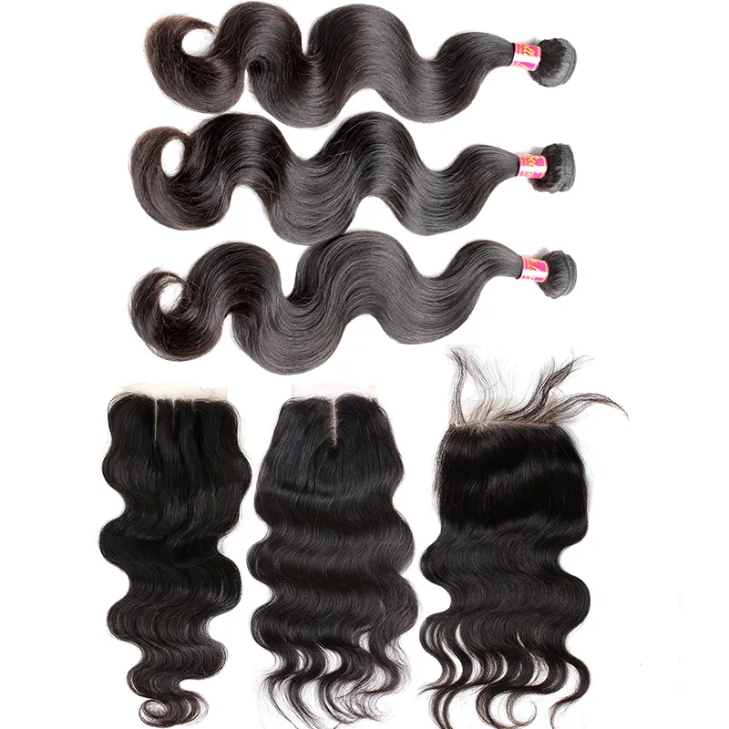 4PCS/Lot Human Hair Bundles with Closure 4x4 Body Wave Remy Virgin Hair Extensions Full Head Natural Black