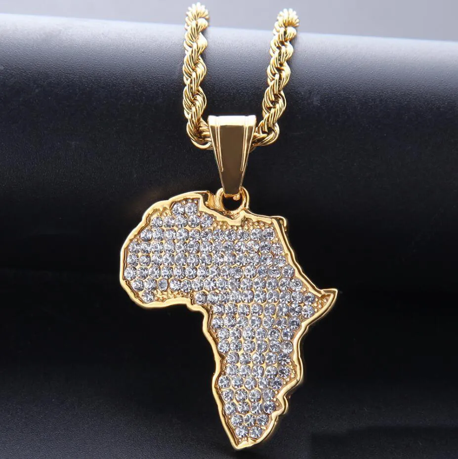 High Quality African Maps Full Drill Pendant Necklaces Gold Plating Punk Set Auger Crystal Stainless Steel Necklace Mens Women Jewelry Gifts