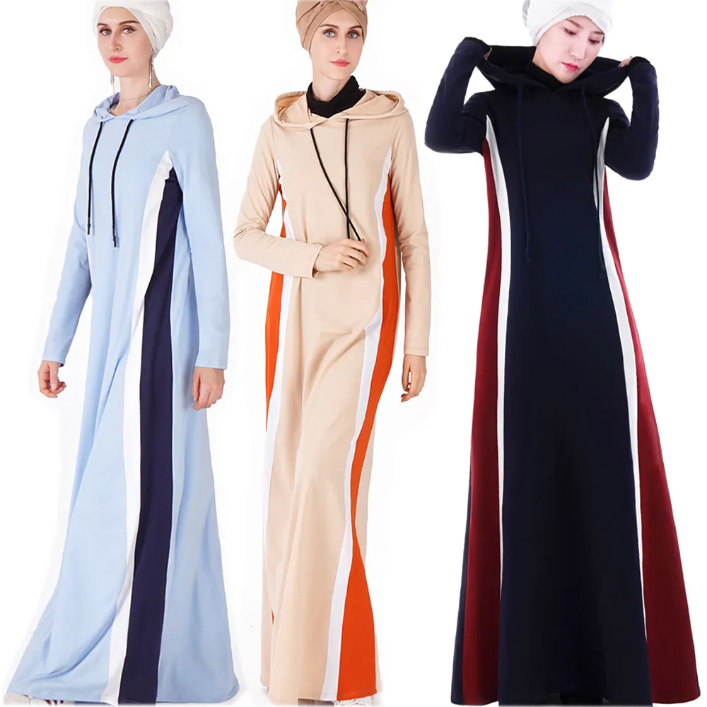 Muslim Vuxen Hit Färg Hooded Abaya Arab Fashion Tjockare Varm Muslim Abaya Klänningar Musikalisk Robe Bön Ramadan Sweatshirt