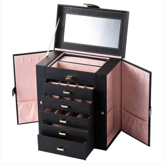 Leather Jewelry Storage Case for Women Girls Ring Necklace Earring Bracelet Holder Organizer with Mirror Black