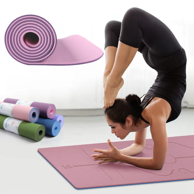 Venda quente 183 * 61 cm TPE Non-Slip Posição Linha de Fitness Yoga Esteiras de Camada Dupla 6mm Ecológico Insípido Perder Peso Exercício Saúde Mat