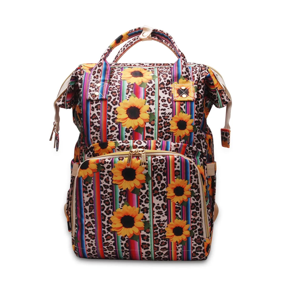 Wholesale Supplier Leopard Serape Sunflower Diaper Backpack Canvas Diaper Mummy Bag Waterproof Functional Backpack DOM-1081276