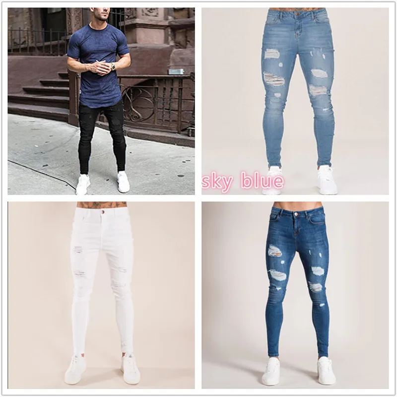 Hommes marée marque blanc jean 2020 nouveaux hommes Slim jean pour hommes mode déchiré genou trou Denim Pantalon Homme Pantalon Pantalon Homme