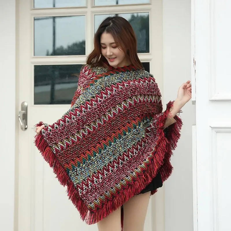 Frauen Pelz Kunstpelz Winter Frauen Kaschmir Schal Poncho mit Quaste Schals ethnische Vintage warme Strickjacke Umhänge Wraps Schal