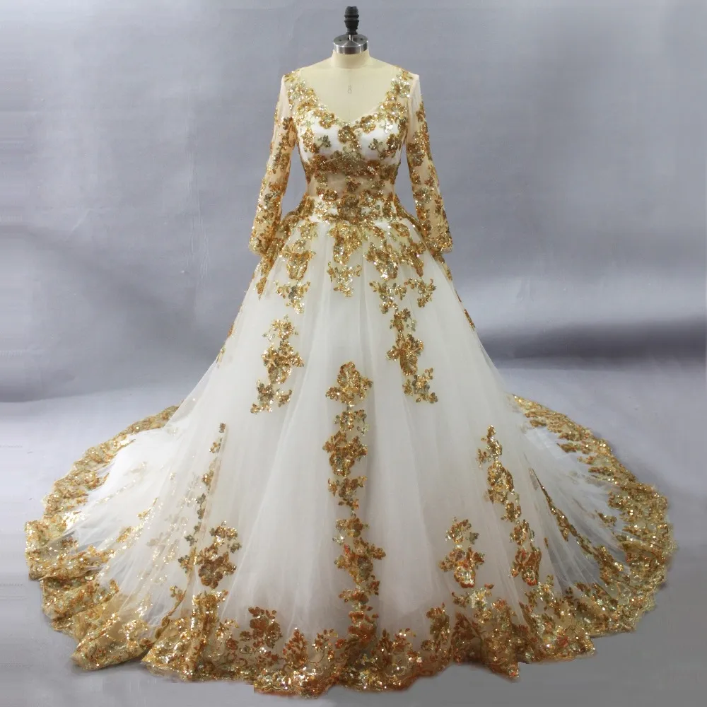 White Islamic Wedding Dress with Gold Lace Applique, Long Sleeve Bridal Gown  with Zipper Back for Garden Events from Dhgate A-Line Wedding Dresses -  price 213.09