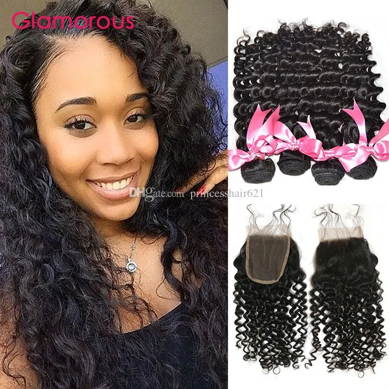 Glamorous Indien Péruvien Malaisien Brésilien Vierge Cheveux Humains Vague Profonde Bouclés Armure 4 Faisceaux avec Fermeture Top Lace Closure avec Bébé Cheveux