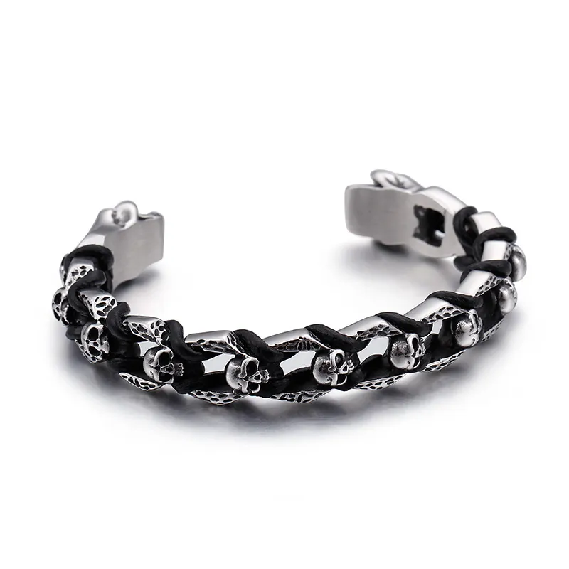 Père cadeaux en acier inoxydable corde en cuir hommes bracelet manchette bracelet crâne fin manchette bijoux pour de bons cadeaux