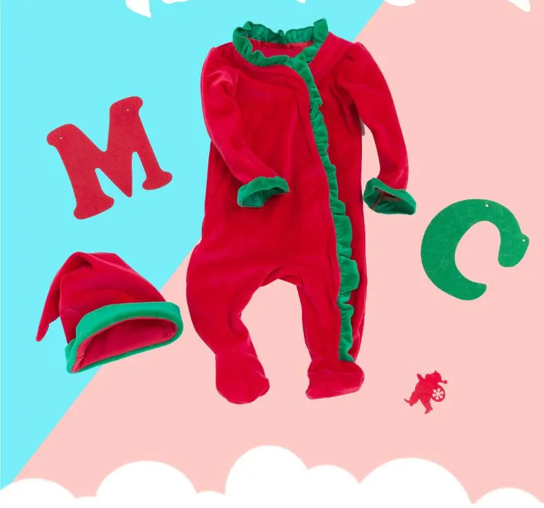 Red Christmas Rompertjes 0-24 Maanden Ruche One-Piece Baby Overall + Hat = 2 stks / set Winter Warm Zachte Katoen Hoge Kwaliteit Pasgeboren Jongens Meisjes Kleding