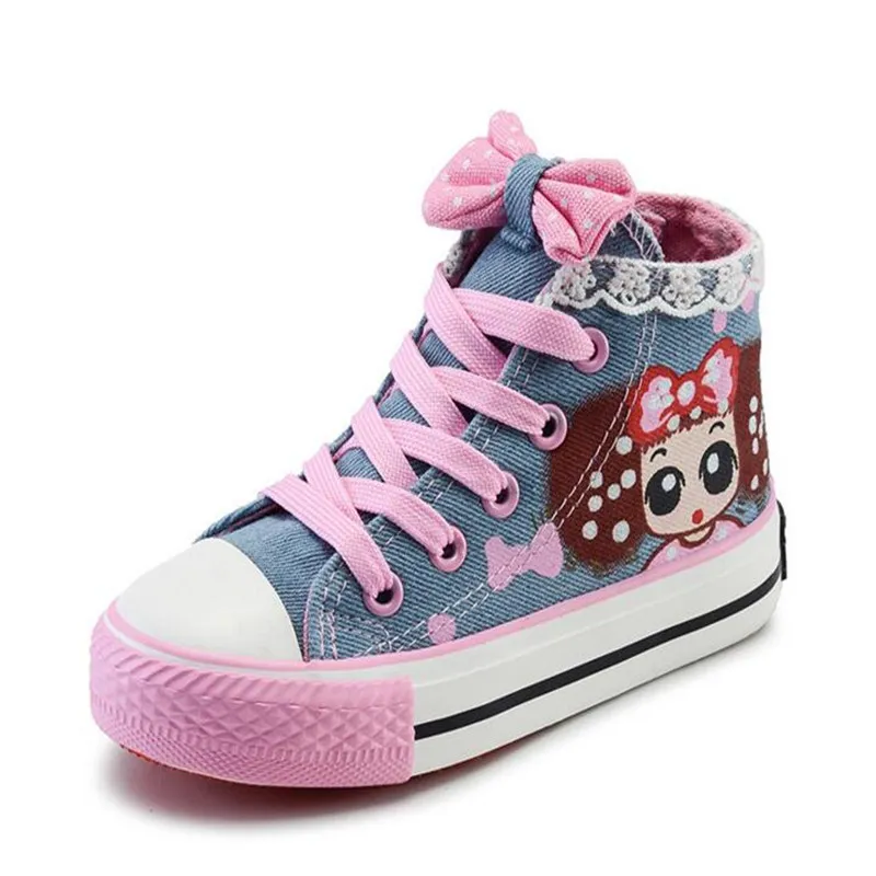 2019 populaires filles en denim plat chaussures dessin animé dentelle haute pour aider les enfants à s'incliner chaussures en toile Princesse casual chaussures respirantes pour enfants