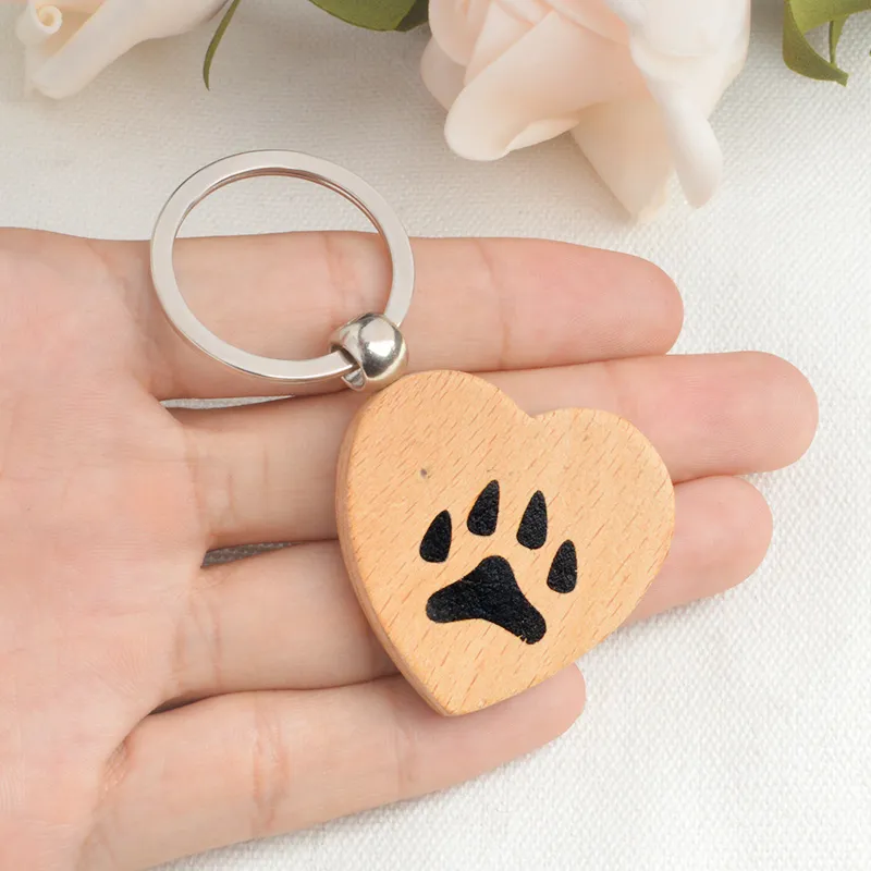 Drewno Serce Paw Kot Dog Print Print Brelok Keyring Key Chain Łapa Biżuteria Biżuteria Pet Jewelry Pies Kochanka Kochanie Prezenty